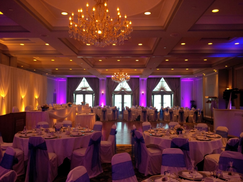 The ballroom lit for dancing